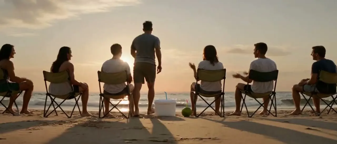 Amigos em cadeiras de praia batendo palma enquanto um deles corre pro mar no fim da tarde.