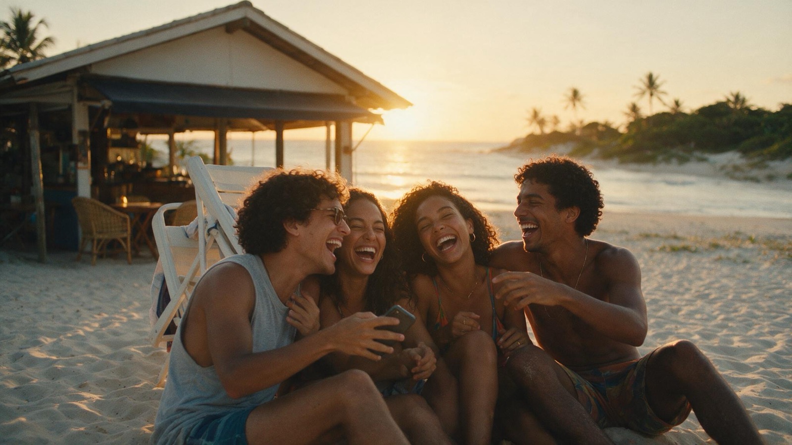 Quatro amigos rindo juntos na praia ao pôr do sol.