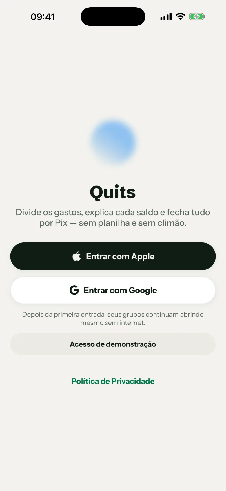 Tela de entrada do Quits com os botões de entrar com Apple e com Google.
