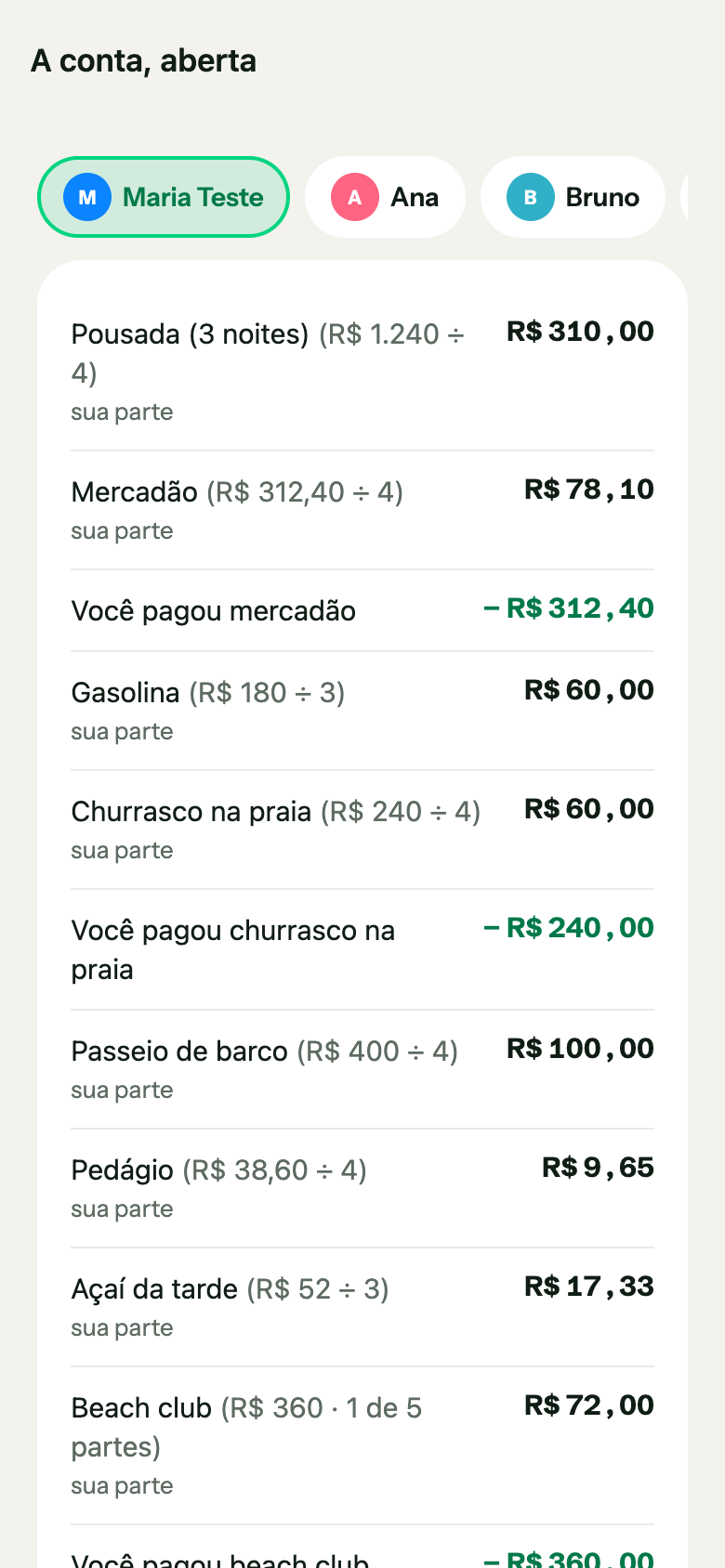 Extrato da conta aberta, linha a linha, explicando cada valor.