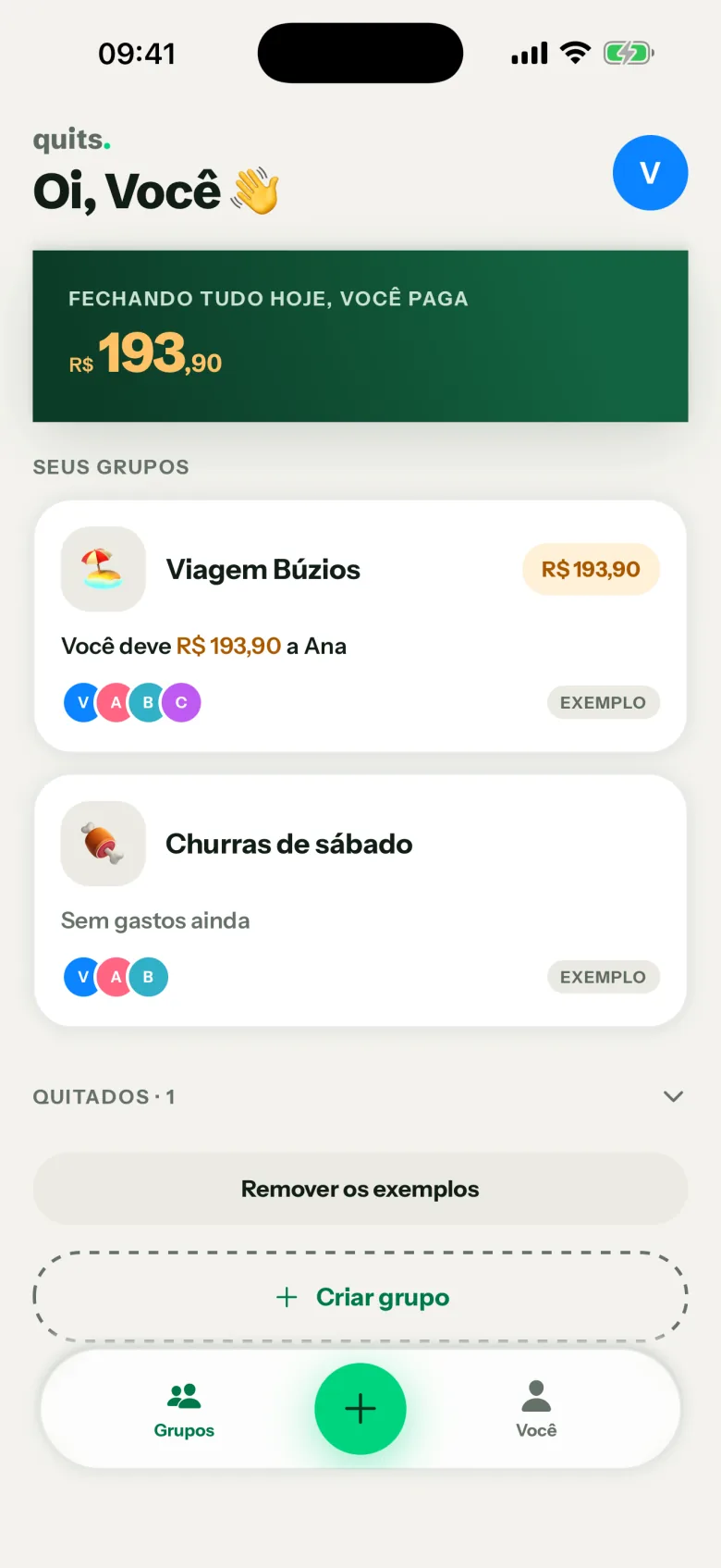 Tela inicial do Quits mostrando os grupos Viagem Búzios e Churras de sábado, com o saldo do dia.