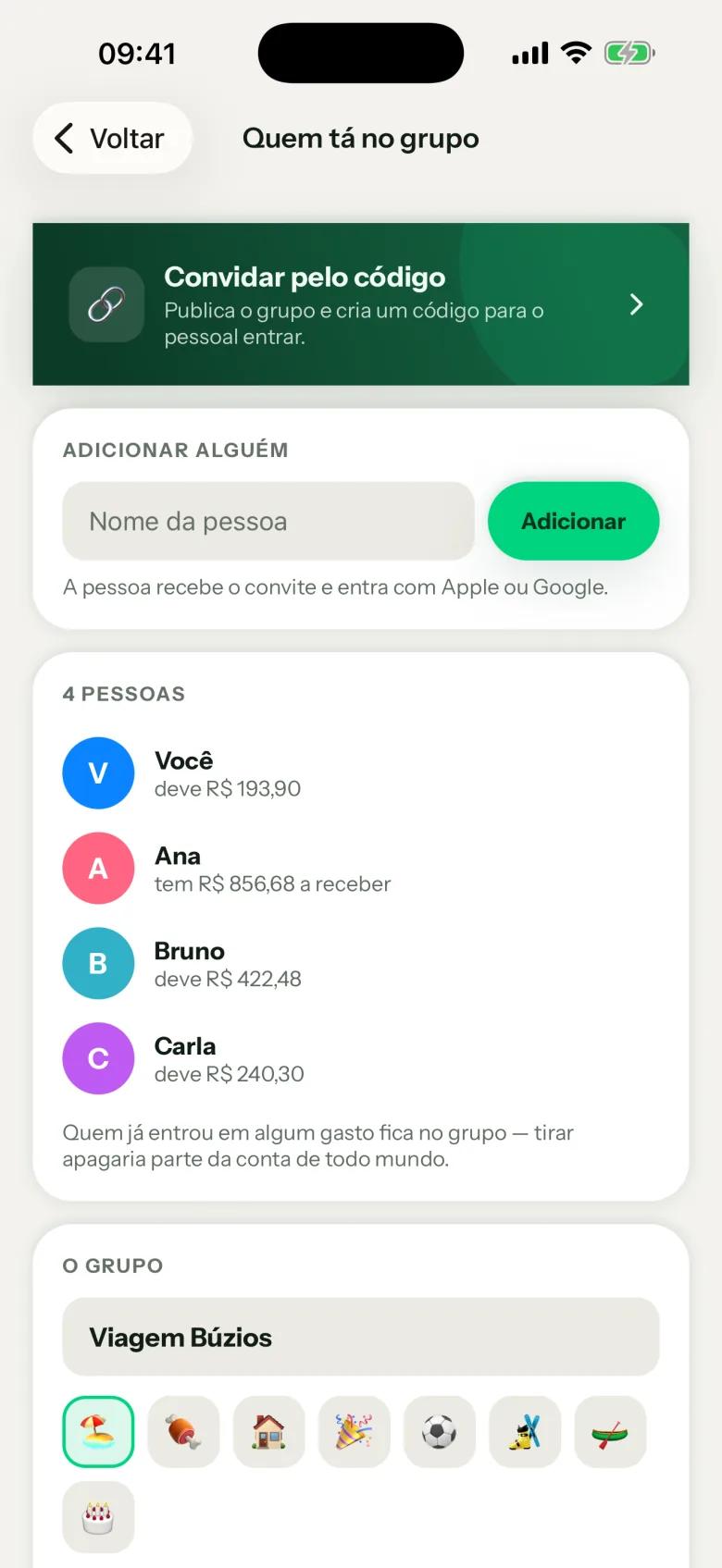 Tela de quem está no grupo, com o convite pelo código e as quatro pessoas da Viagem Búzios.