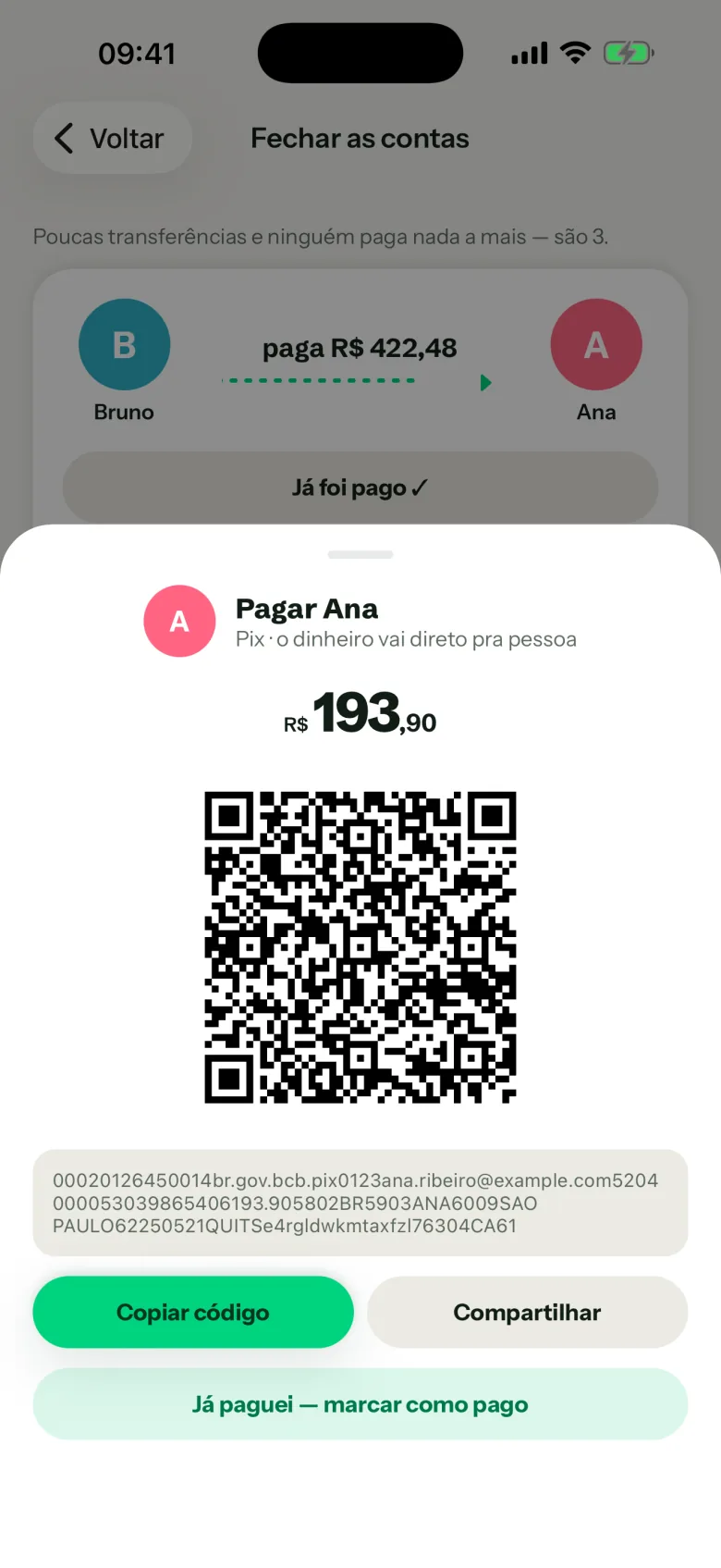 Folha do Pix com o QR Code, o código copia e cola e o botão de copiar.